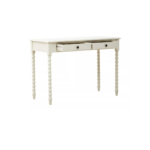 Ivory pine desk with spindle legs and two drawers with metallic knob handles.