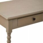 Grey wooden desk with two drawers, spindle legs, and metal knob handles.