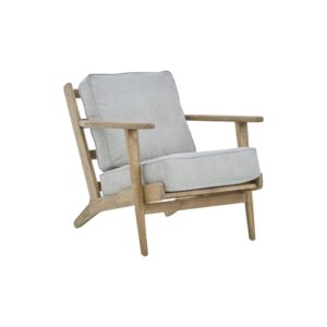 Oak armchair with grey linen cushions, slatted back, and mid-century modern design featuring pointed legs and straight arms.
