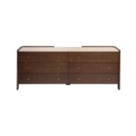 Dark brown oak chest of drawers with six drawers, white stone top, and elegant side profiles—designed for luxury interiors and refined storage.