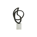 Contemporary knot sculpture in black nickel on a white marble base.