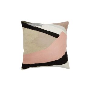Square cushion with embroidered abstract motifs in pink tones, crafted from cotton, acrylic, and polyester blend.