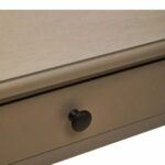 Grey wooden desk with two drawers, spindle legs, and metal knob handles.