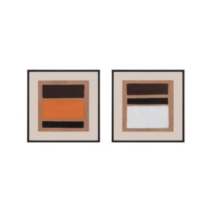 Set of two abstract framed canvas artworks in orange, beige, and brown with black frames.