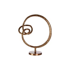 Round rough bronze abstract aluminium sculpture with circular base.