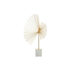 Elegant gold spiral sculpture with spokes on a white marble base.