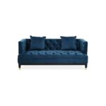 Two-seat navy fabric Chesterfield-style sofa with button tufting and gold-accented wooden legs.