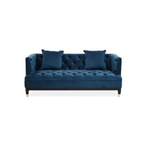 Two-seat navy fabric Chesterfield-style sofa with button tufting and gold-accented wooden legs.