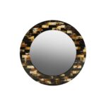 Round wall mirror with natural brown mother of pearl inlay frame.