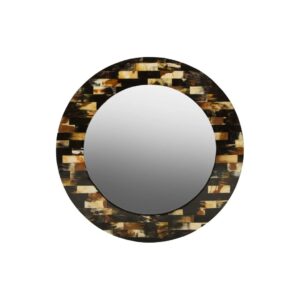 Round wall mirror with natural brown mother of pearl inlay frame.