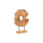 Mango wood ring sculpture with natural grain patterns, mounted on black iron rods and a matching wood base for a rustic-modern statement.