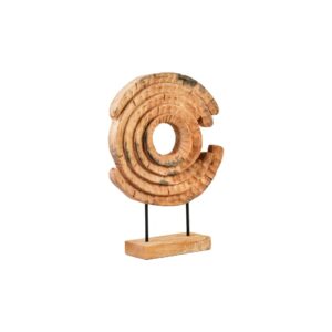 Mango wood ring sculpture with natural grain patterns, mounted on black iron rods and a matching wood base for a rustic-modern statement.