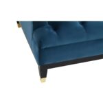 Two-seat navy fabric Chesterfield-style sofa with button tufting and gold-accented wooden legs.