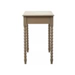 Grey wooden desk with two drawers, spindle legs, and metal knob handles.