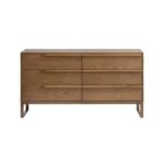 Natural oak sideboard with six drawers and gold metal legs, blending functional storage with modern elegance for contemporary interiors.