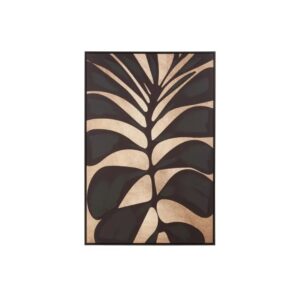 Black and gold leaf wall art on textured canvas, featuring bold gold detailing and a solid wood frame for a luxurious, nature-inspired look.