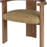 Contemporary armchair with a walnut-finished wood frame and Havana-coloured cushion in VEROTEX fabric, designed for modern, eco-conscious interiors.
