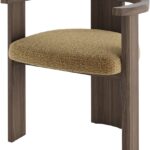 Contemporary armchair with a walnut-finished wood frame and Havana-coloured cushion in VEROTEX fabric, designed for modern, eco-conscious interiors.