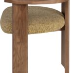 Contemporary armchair with a walnut-finished wood frame and Havana-coloured cushion in VEROTEX fabric, designed for modern, eco-conscious interiors.