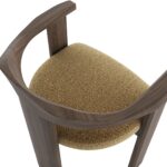 Contemporary armchair with a walnut-finished wood frame and Havana-coloured cushion in VEROTEX fabric, designed for modern, eco-conscious interiors.