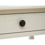 Ivory pine desk with spindle legs and two drawers with metallic knob handles.