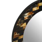 Round wall mirror with natural brown mother of pearl inlay frame.