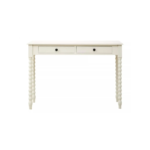Ivory pine desk with spindle legs and two drawers with metallic knob handles.