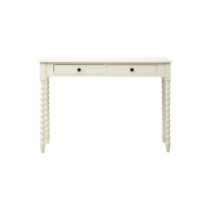 Ivory pine desk with spindle legs and two drawers with metallic knob handles.