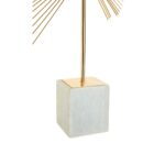 Elegant gold spiral sculpture with spokes on a white marble base.