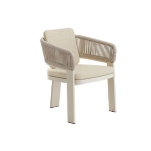 JAMAICA sand-colored outdoor dining chair with rope backrest and upholstered seat – stylish seating for terraces and outdoor dining spaces.