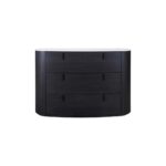 Black-brown oak chest of drawers with white stone top, oval silhouette, and black metal handles—perfect for modern, refined spaces.