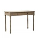 Grey wooden desk with two drawers, spindle legs, and metal knob handles.