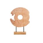 Mango wood ring sculpture with natural grain patterns, mounted on black iron rods and a matching wood base for a rustic-modern statement.