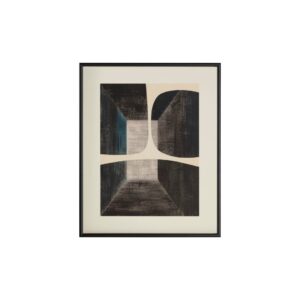 Abstract turquoise canvas wall art with black frame and glass front.