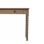 Grey wooden desk with two drawers, spindle legs, and metal knob handles.