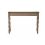 Grey wooden desk with two drawers, spindle legs, and metal knob handles.