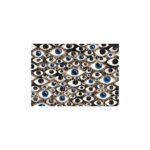 Framed abstract painting with blue and gold eyes on a black background, symbolizing identity and presence.