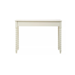 Ivory pine desk with spindle legs and two drawers with metallic knob handles.