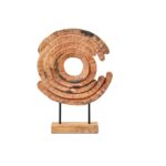 Mango wood ring sculpture with natural grain patterns, mounted on black iron rods and a matching wood base for a rustic-modern statement.