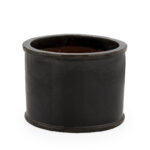 Large grey cylindrical stoneware planter with a smooth fallen grey finish, ideal for modern outdoor and indoor plant styling.
