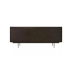Modern black carved wood sideboard with abstract pattern and slim black metal legs, featuring ample concealed storage.