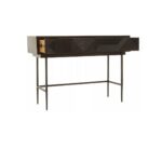 Black console table with textured carved wood top and slim black metal legs, ideal for modern entryway or hallway use.