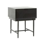 Black finish side table with textured carved wood drawer and minimalist metal legs – ideal for bedrooms or living areas.