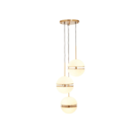 Three-globe pendant light in brushed brass finish with split glass design for soft diffusion, creating a modern and luxurious lighting statement.