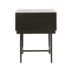 Black finish side table with textured carved wood drawer and minimalist metal legs – ideal for bedrooms or living areas.