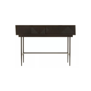 Black console table with textured carved wood top and slim black metal legs, ideal for modern entryway or hallway use.