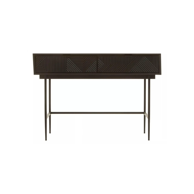 Black console table with textured carved wood top and slim black metal legs, ideal for modern entryway or hallway use.
