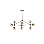 Matte black 10-arm pendant light with tinted brown glass globes in a geometric prismatic layout, ideal for industrial and mid-century interiors.
