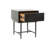 Black finish side table with textured carved wood drawer and minimalist metal legs – ideal for bedrooms or living areas.