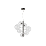 Contemporary chandelier with seven crystal glass balls on a sleek black frame, featuring integrated LED lights for a glowing modern finish.